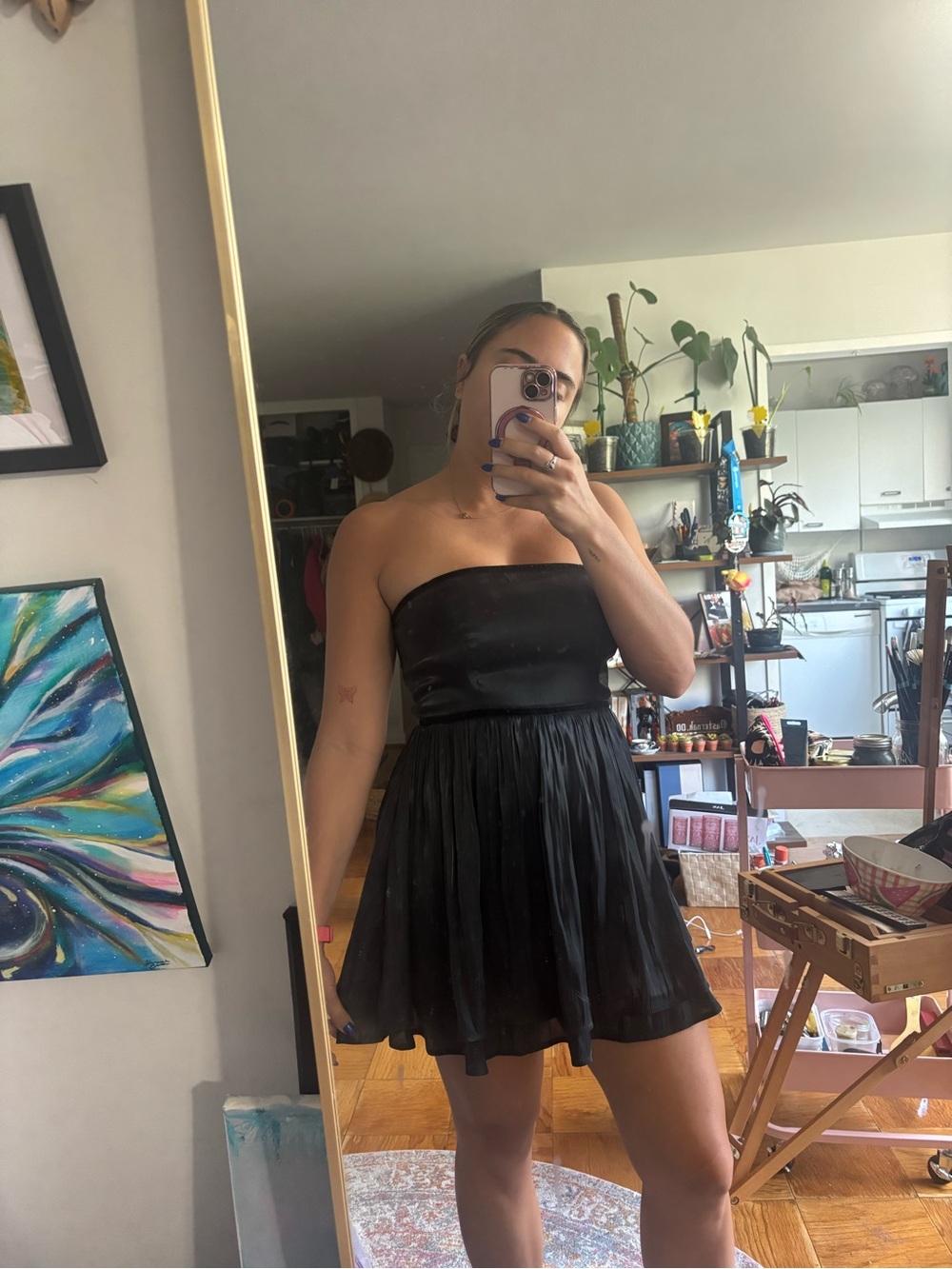 Free people Strapless Black Satin Fit-and-Flare Dress